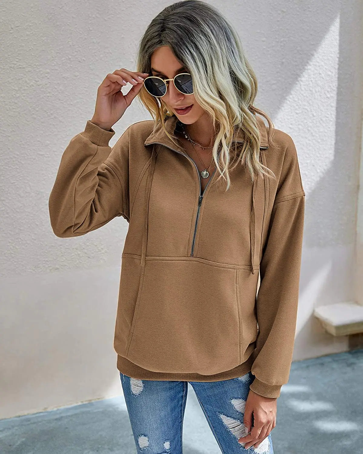 AL- PRETTYGARDEN Women's Casual Long Sleeve Lapel Zipper Sweatshirt Drawstring Loose Pullover Tops Coffee X-Large - Swamp's Store