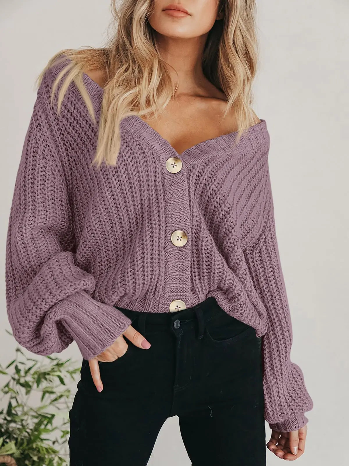 #X- PRETTYGARDEN Women's Chunky Knit Open Front Sweater Long Sleeve Button Loose Short Cardigan Outerwear Coats Medium Orchid Mist - Swamp's Store